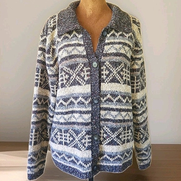 Vintage St Johns Bay Cardigan Sweater Size L Fair Isle Wool Blend Collared - Picture 1 of 7